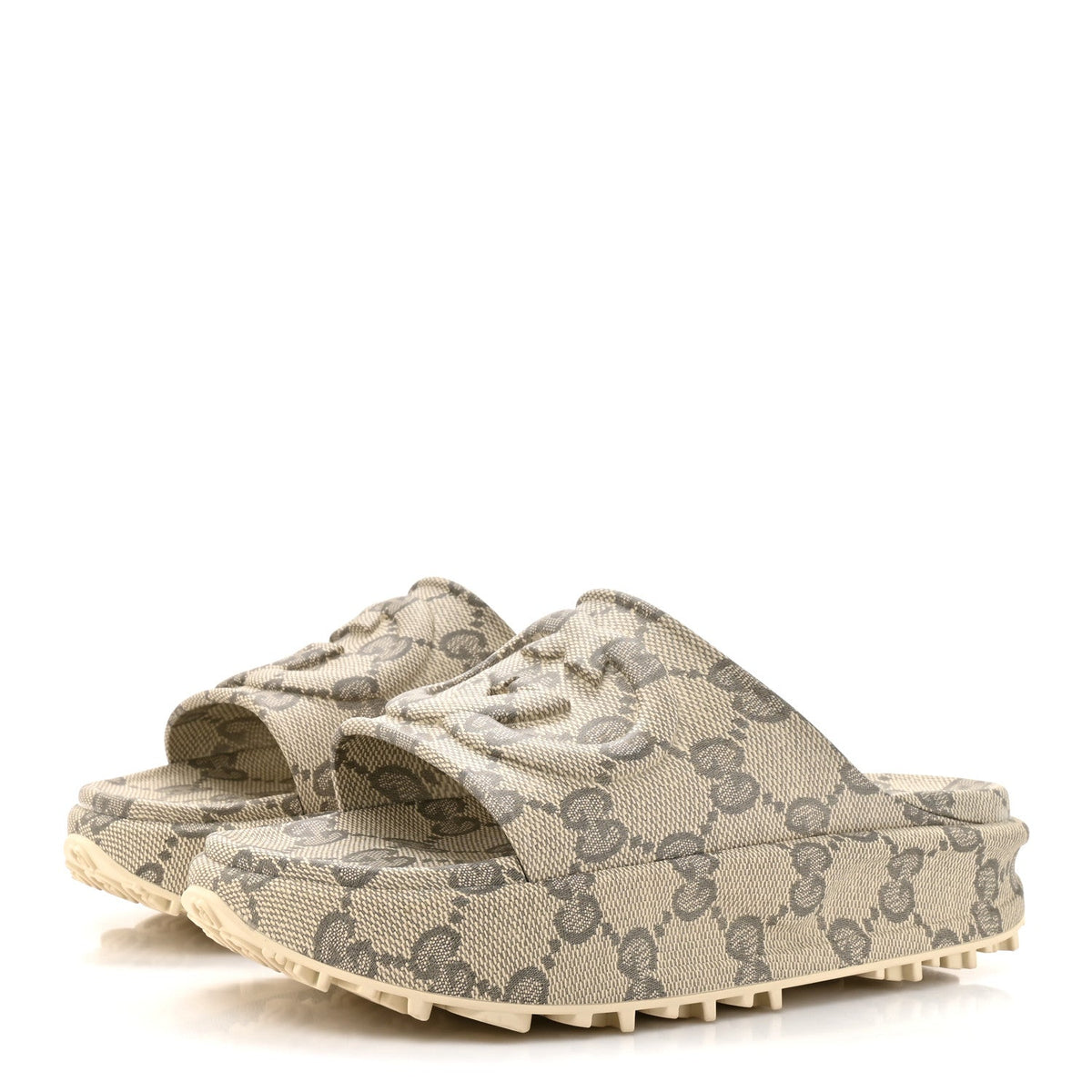 Gucci Canvas Rubber Men's Interlocking G Platform 42mm Slide Sandals 10 Beige Ebony