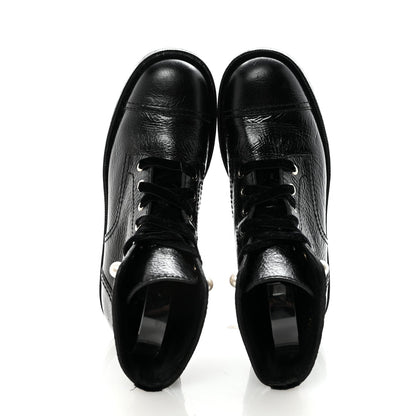Chanel Shiny Calfskin Velvet Pearl Women's Combat Short Boots 38.5 Black