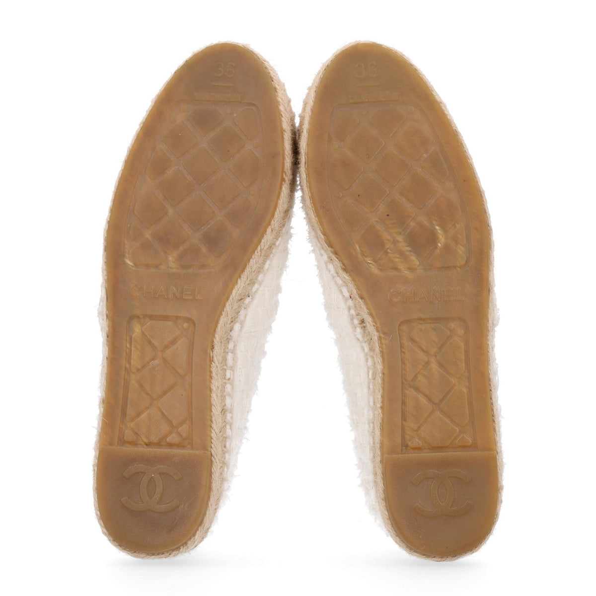 Chanel Tweed Grosgrain Women's CC Espadrilles 36 White Beige