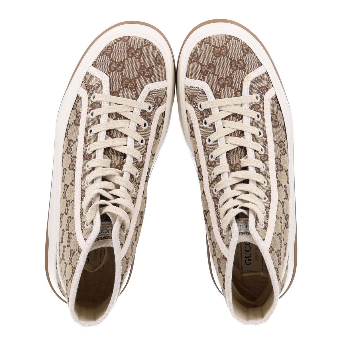 Gucci Monogram 1977 Tennis 55mm Men's High Top Sneakers 9 Beige Ebony Mystic White