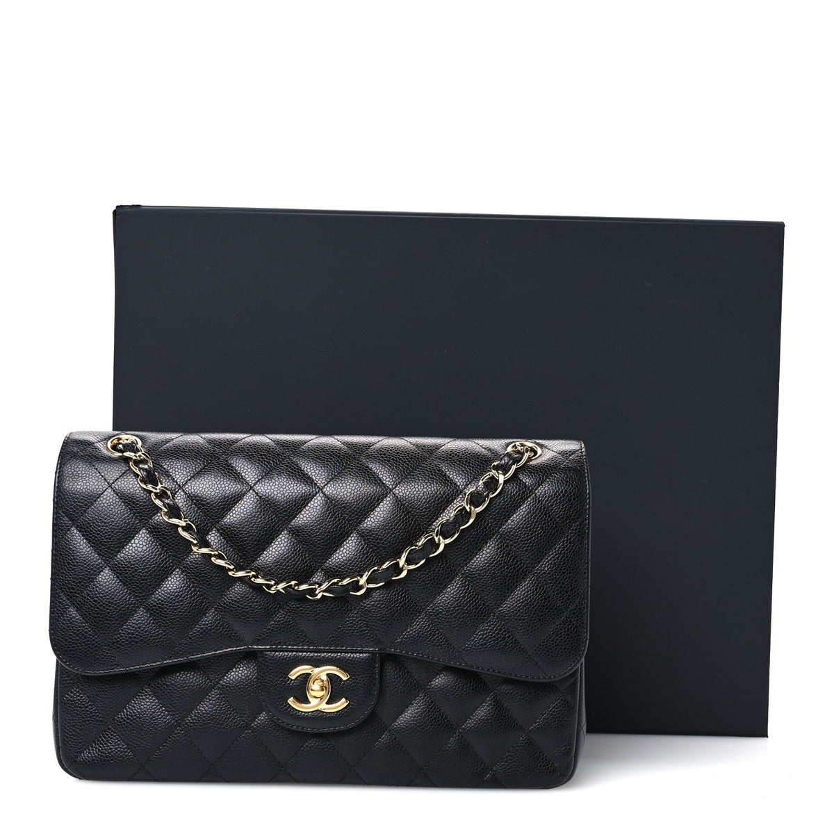 Quilted Caviar Flap Shoulder Bag - Black