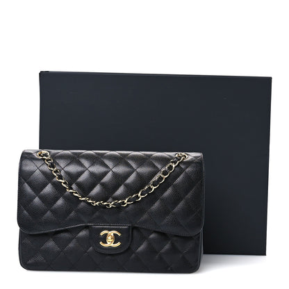 Quilted Caviar Flap Shoulder Bag - Black
