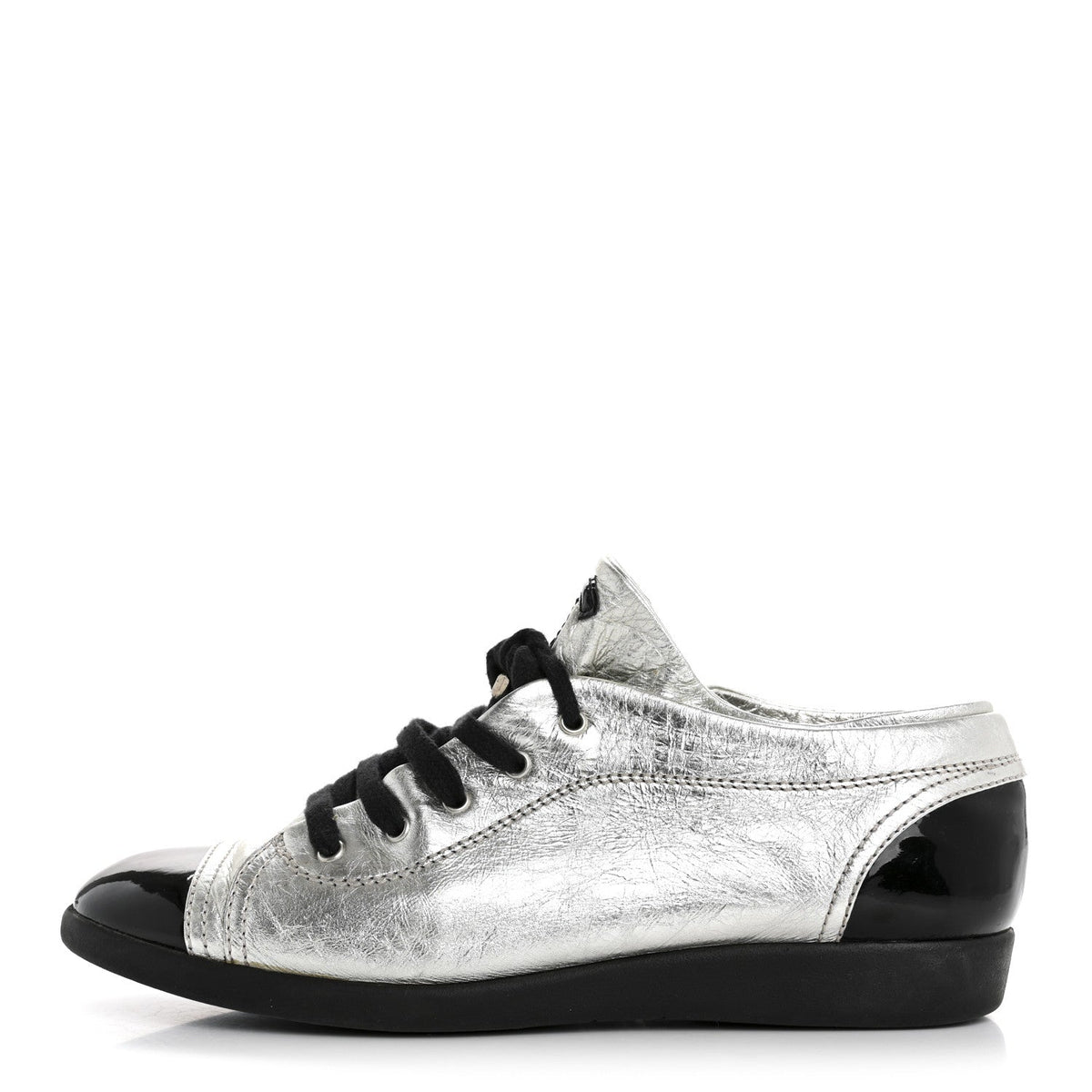 Chanel Metallic Lambskin Patent Women's Cap Toe CC Sneakers 38.5 Silver Black