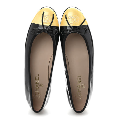 Chanel Patent Leather Women's CC Cap Toe Ballerina Flats 40 Black Beige