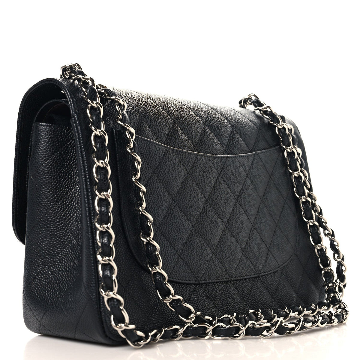 Quilted Caviar Flap Shoulder Bag - Black