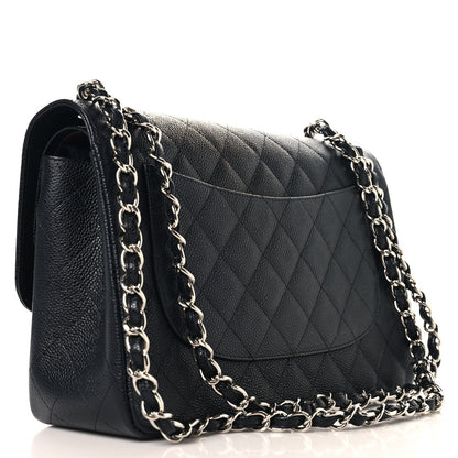 Quilted Caviar Flap Shoulder Bag - Black