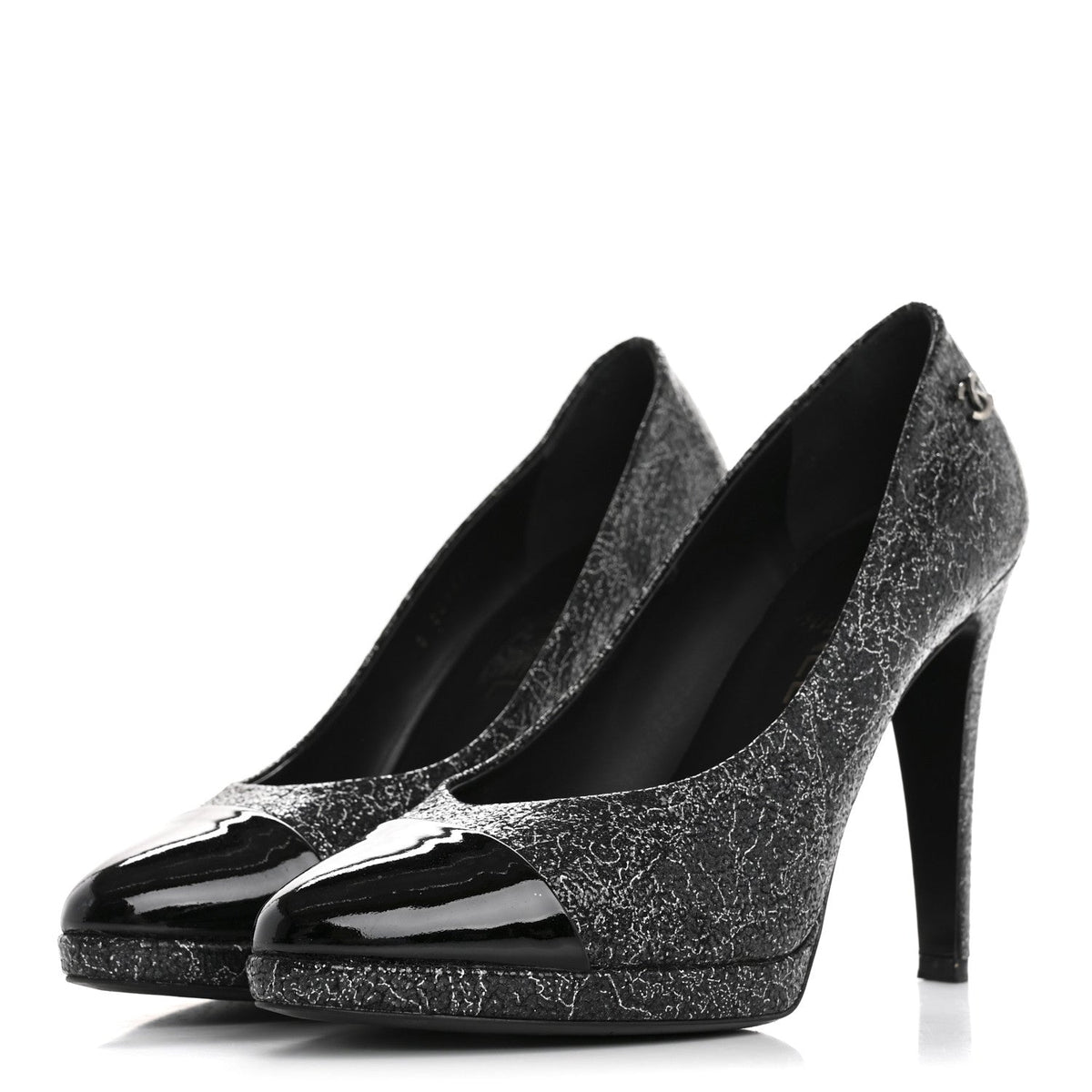 Chanel Metallic Crackled Calfskin Patent Cap Toe Women's Pumps 41 Silver Black