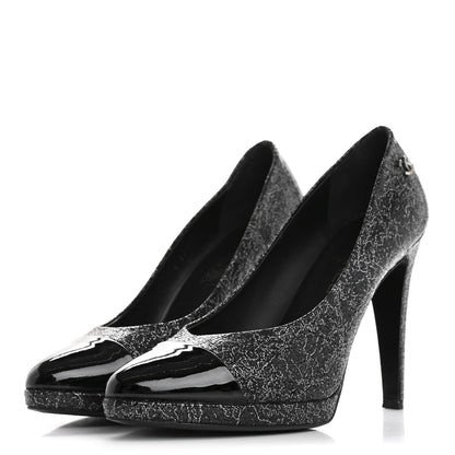 Chanel Metallic Crackled Calfskin Patent Cap Toe Women's Pumps 41 Silver Black