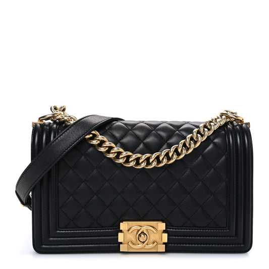 Medium Quilted Lambskin Flap Shoulder Bag - Black