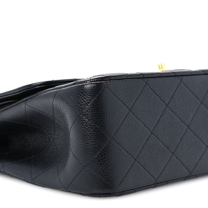Quilted Caviar Flap Shoulder Bag - Black