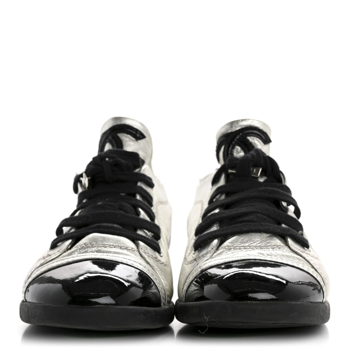 Chanel Metallic Lambskin Patent Women's Cap Toe CC Sneakers 38.5 Silver Black