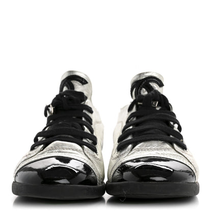 Chanel Metallic Lambskin Patent Women's Cap Toe CC Sneakers 38.5 Silver Black