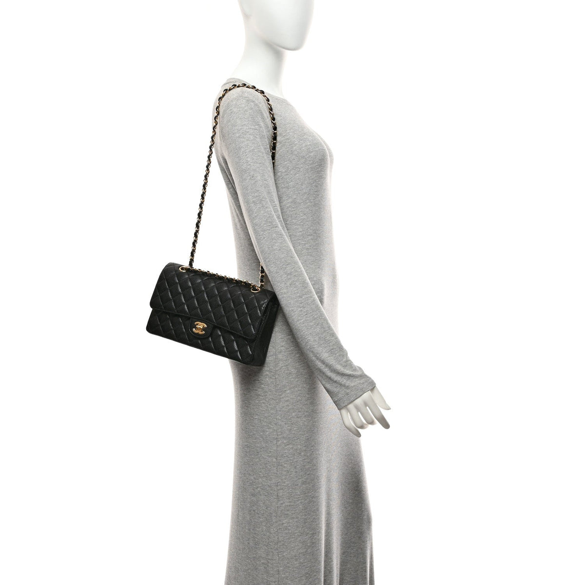 Medium Quilted Caviar Flap Shoulder Bag - Black