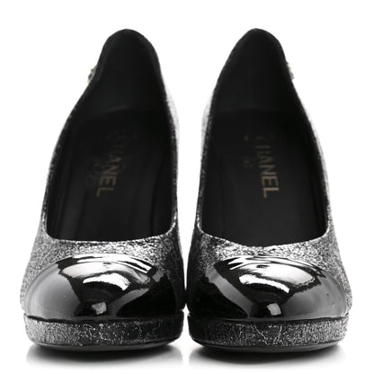 Chanel Metallic Crackled Calfskin Patent Cap Toe Women's Pumps 41 Silver Black