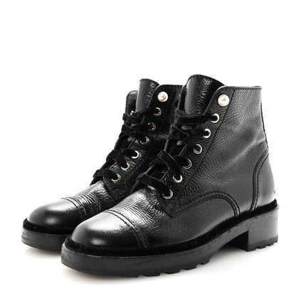 Chanel Shiny Calfskin Velvet Pearl Women's Combat Short Boots 38.5 Black