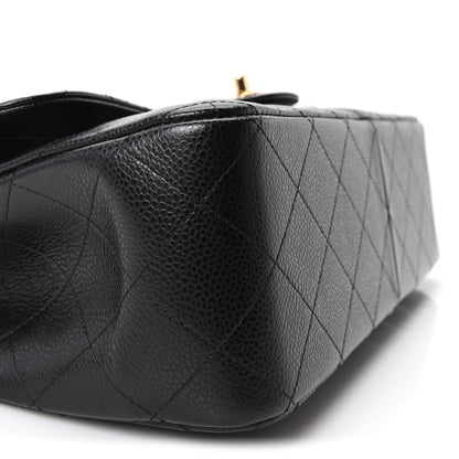 Quilted Caviar Flap Shoulder Bag - Black