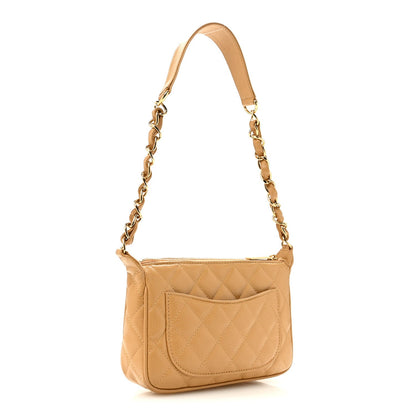 Quilted Caviar Shoulder Bag - Beige