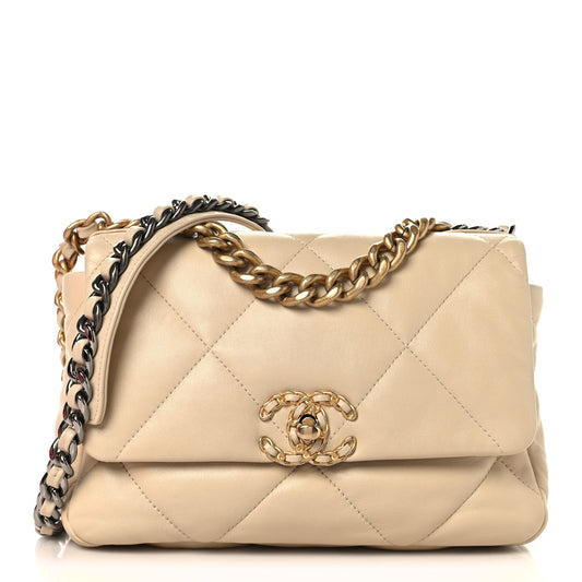 Medium Quilted Lambskin Flap Shoulder Bag - Beige