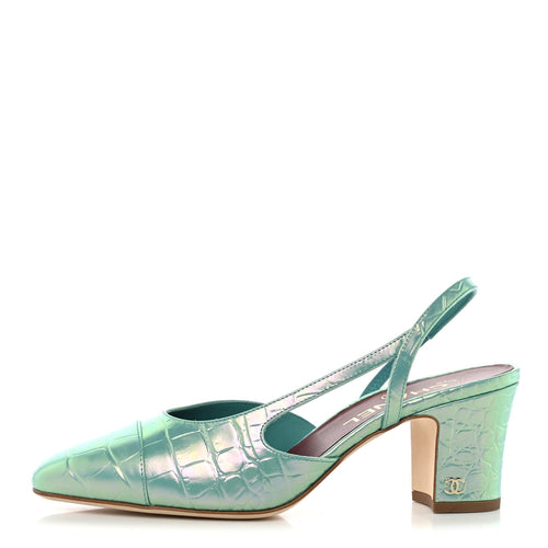 Iridescent Embossed Patent CC Cap Toe CC Slingback Pumps Turquoise