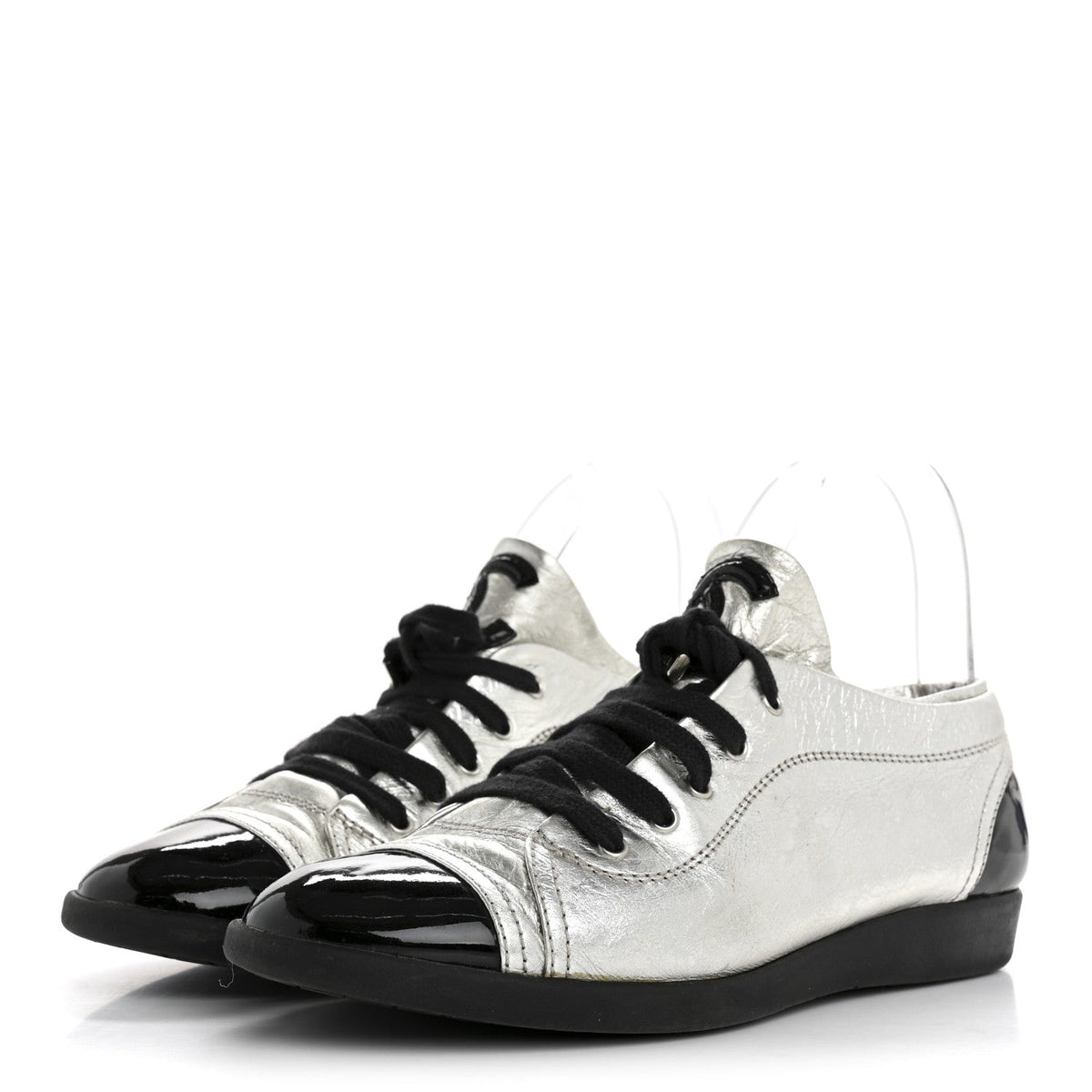 Chanel Metallic Lambskin Patent Women's Cap Toe CC Sneakers 38.5 Silver Black
