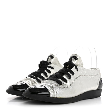 Chanel Metallic Lambskin Patent Women's Cap Toe CC Sneakers 38.5 Silver Black