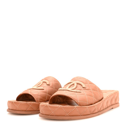 Chanel Lambskin Quilted Women's CC Mules Sandals 37 Brown