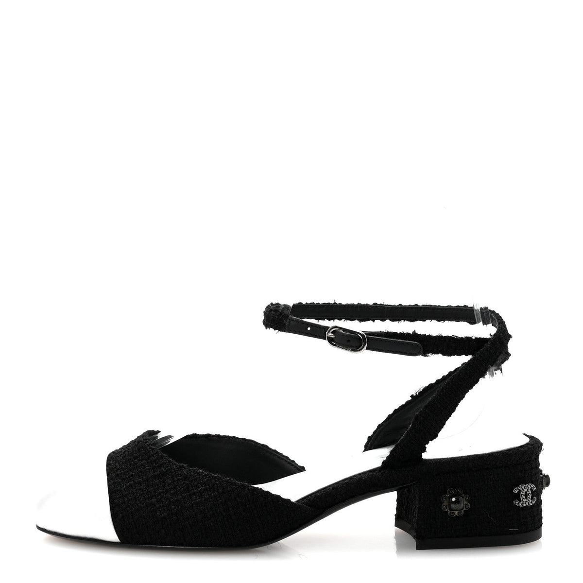 Tweed Iridescent Calfskin Cap Toe CC Slingback Pumps Black Silver