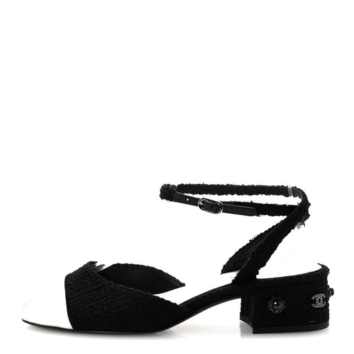 Tweed Iridescent Calfskin Cap Toe CC Slingback Pumps Black Silver