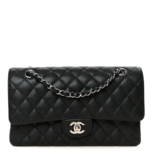 Medium Quilted Caviar Flap Shoulder Bag - Black