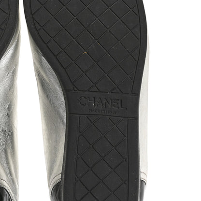 Chanel Metallic Lambskin Patent Women's Cap Toe CC Sneakers 38.5 Silver Black