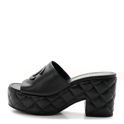 Lambskin Quilted CC Platform Mules Black