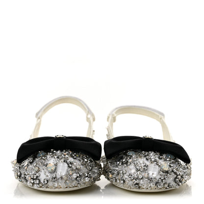 Chanel Satin Crystal Grosgrain Bow CC Slingback Women's Flats