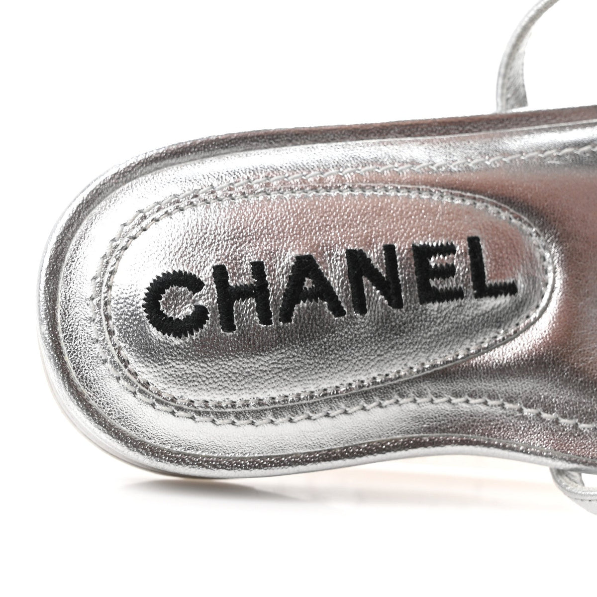 Chanel Laminated Lambskin Women's CC Sandals 36.5 Silver