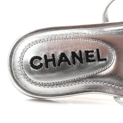 Chanel Laminated Lambskin Women's CC Sandals 36.5 Silver