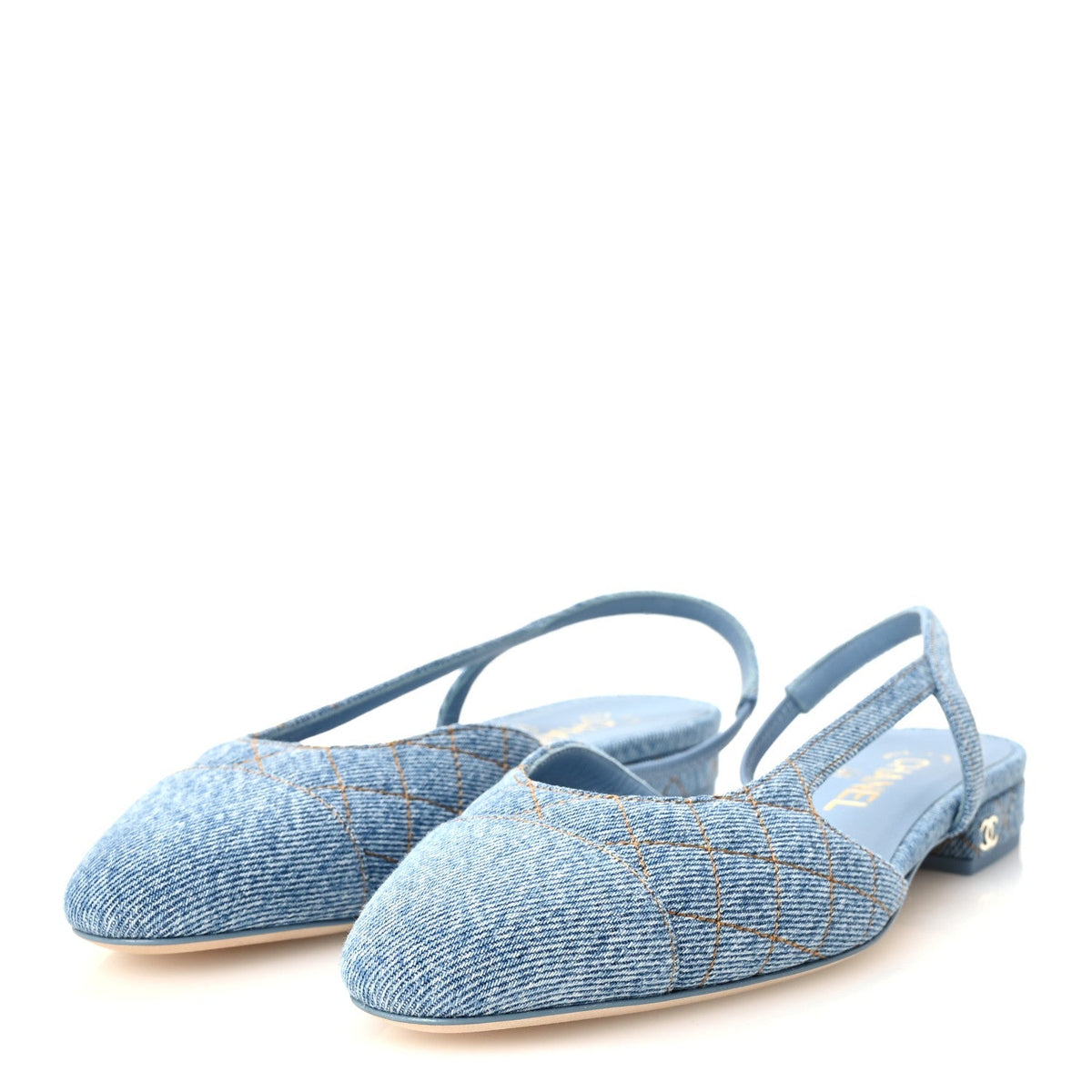 Chanel Denim Quilted CC Cap Toe Women's Slingback Flats Light Blue
