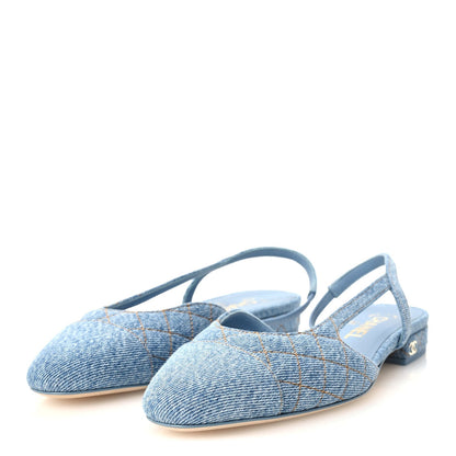 Chanel Denim Quilted CC Cap Toe Women's Slingback Flats Light Blue