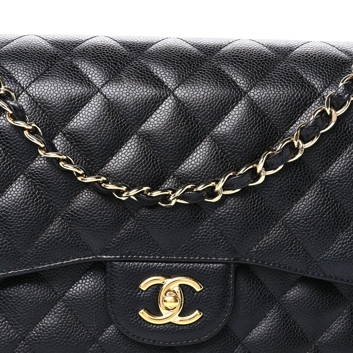 Quilted Caviar Flap Shoulder Bag - Black