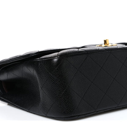 Quilted Caviar Flap Shoulder Bag - Black