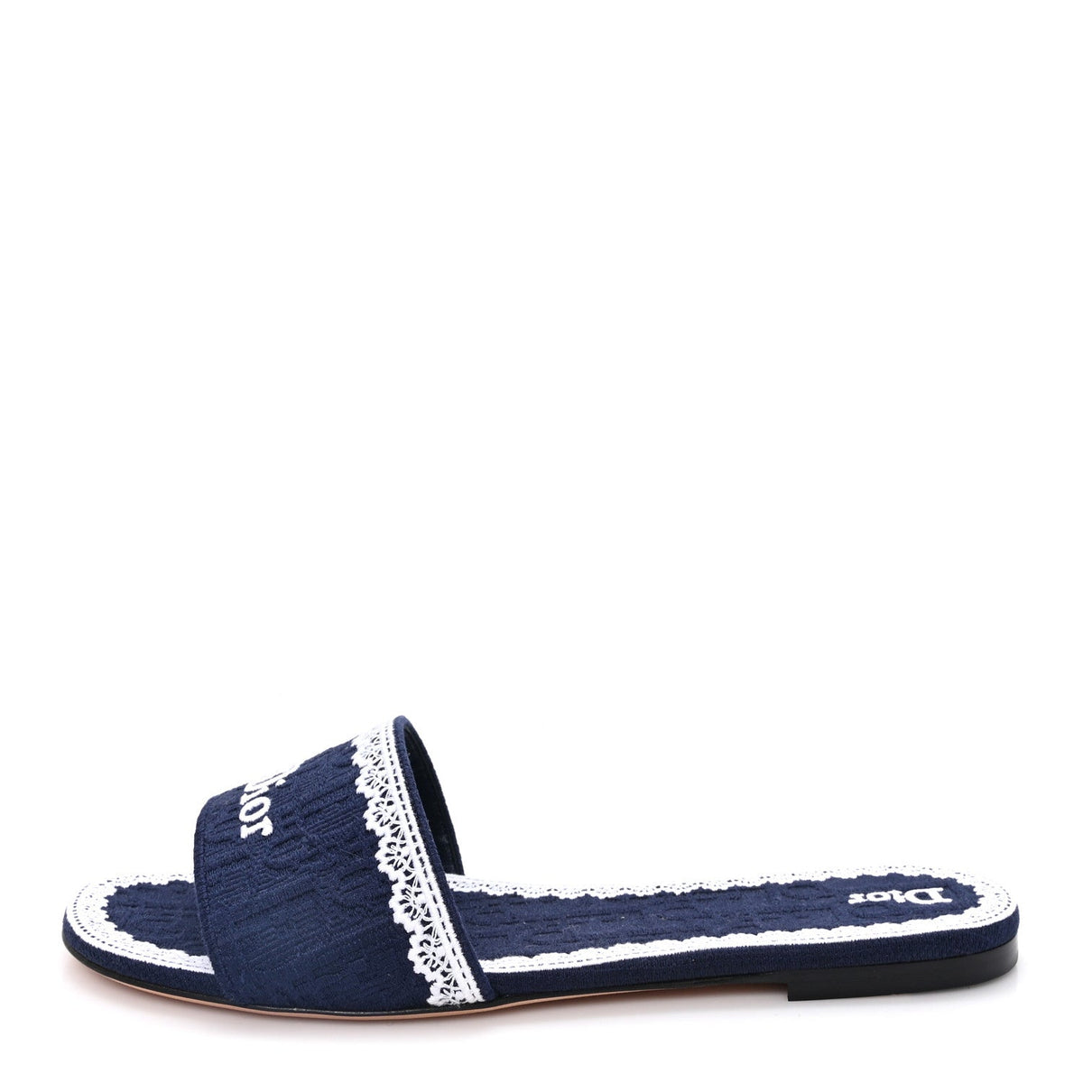 Oblique Embroidered Cotton Lace Dentelle Flat Slide Sandals Navy Blue 