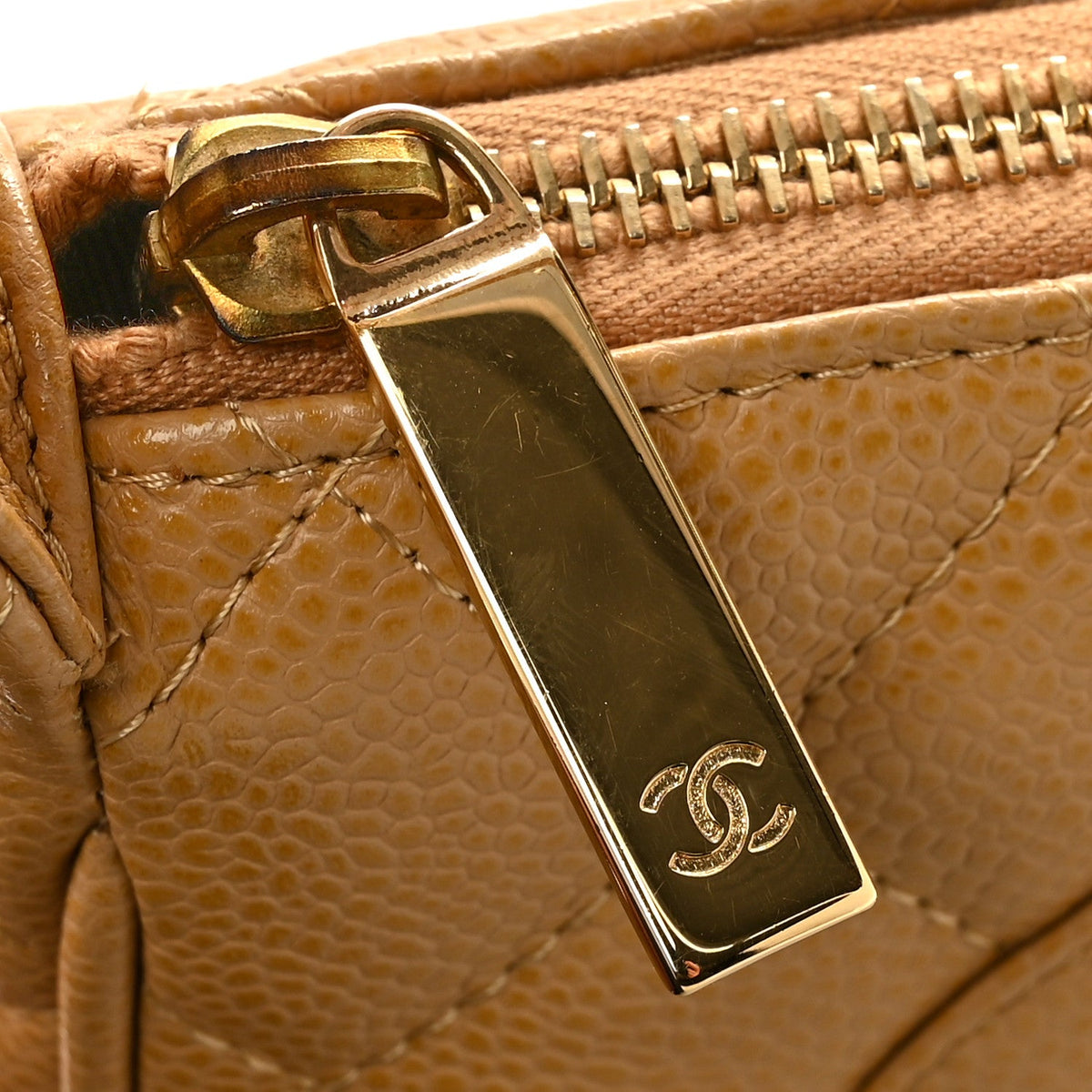 Quilted Caviar Shoulder Bag - Beige
