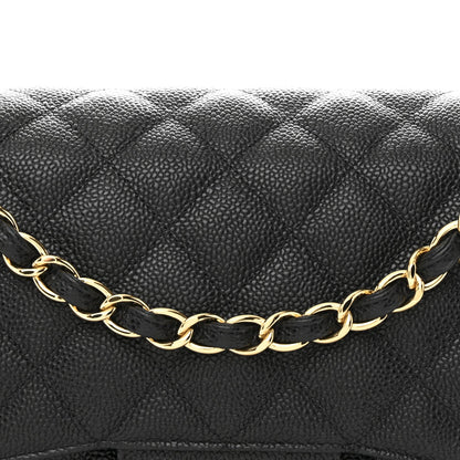 Quilted Caviar Flap Shoulder Bag - Black