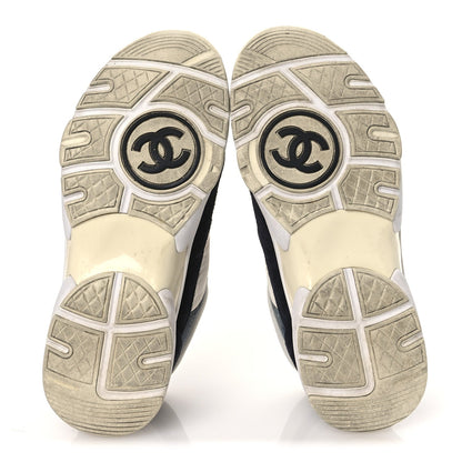 Chanel Nylon Calfskin Suede Women's CC Sneakers 35.5 Navy White Orange Black