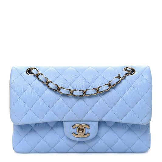 Small Quilted Caviar Flap Shoulder Bag - Light Blue