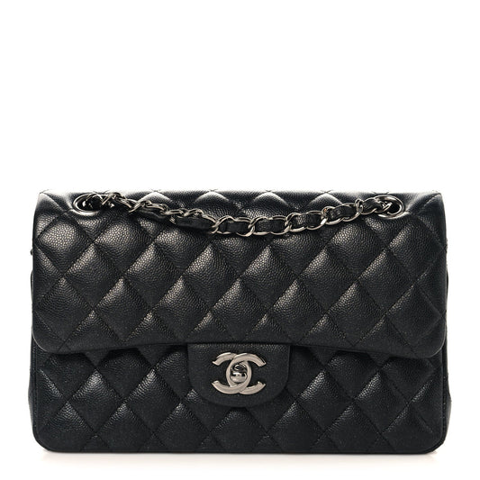 Small Quilted Caviar Flap Shoulder Bag - Black