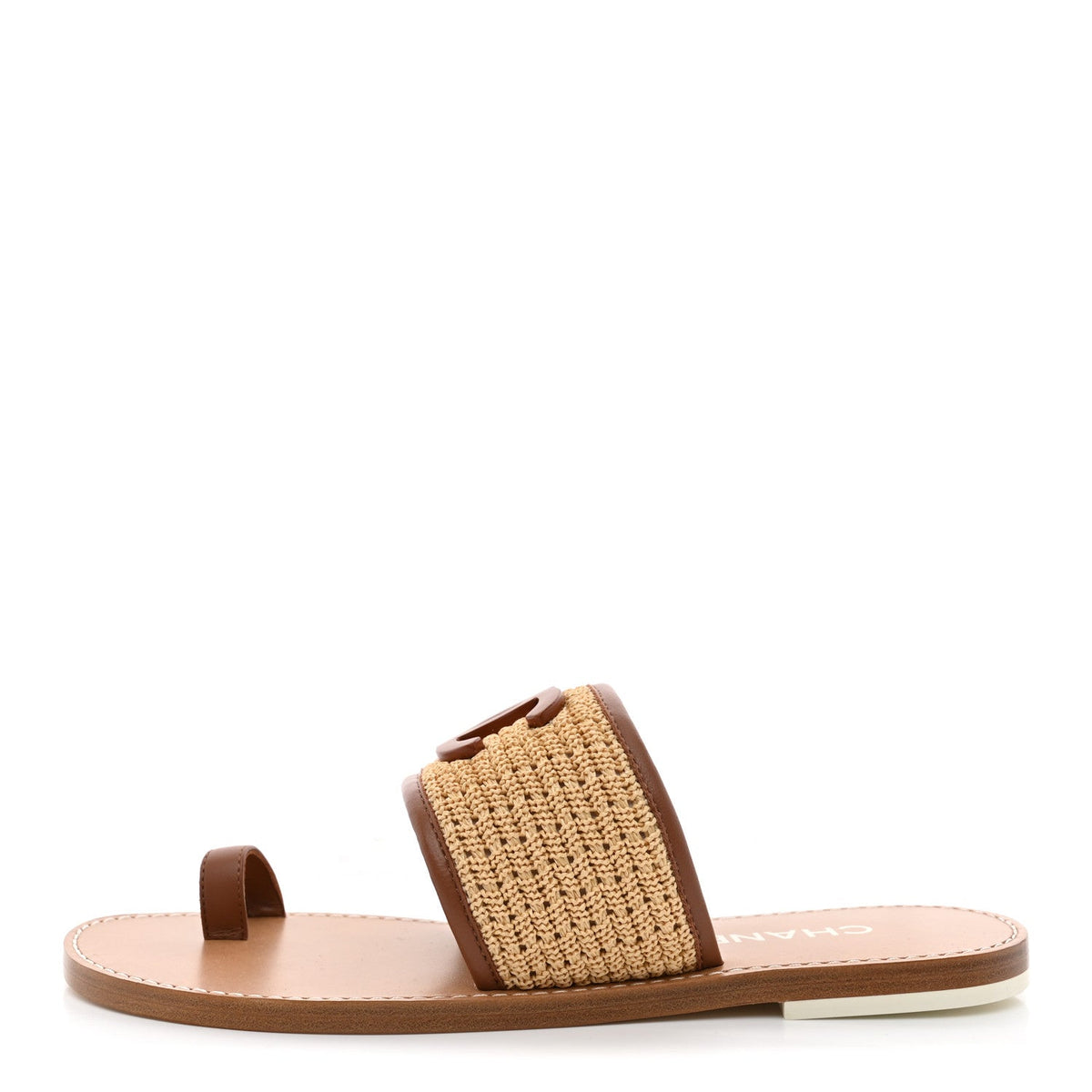 Raffia Lambskin CC Mules Beige Brown