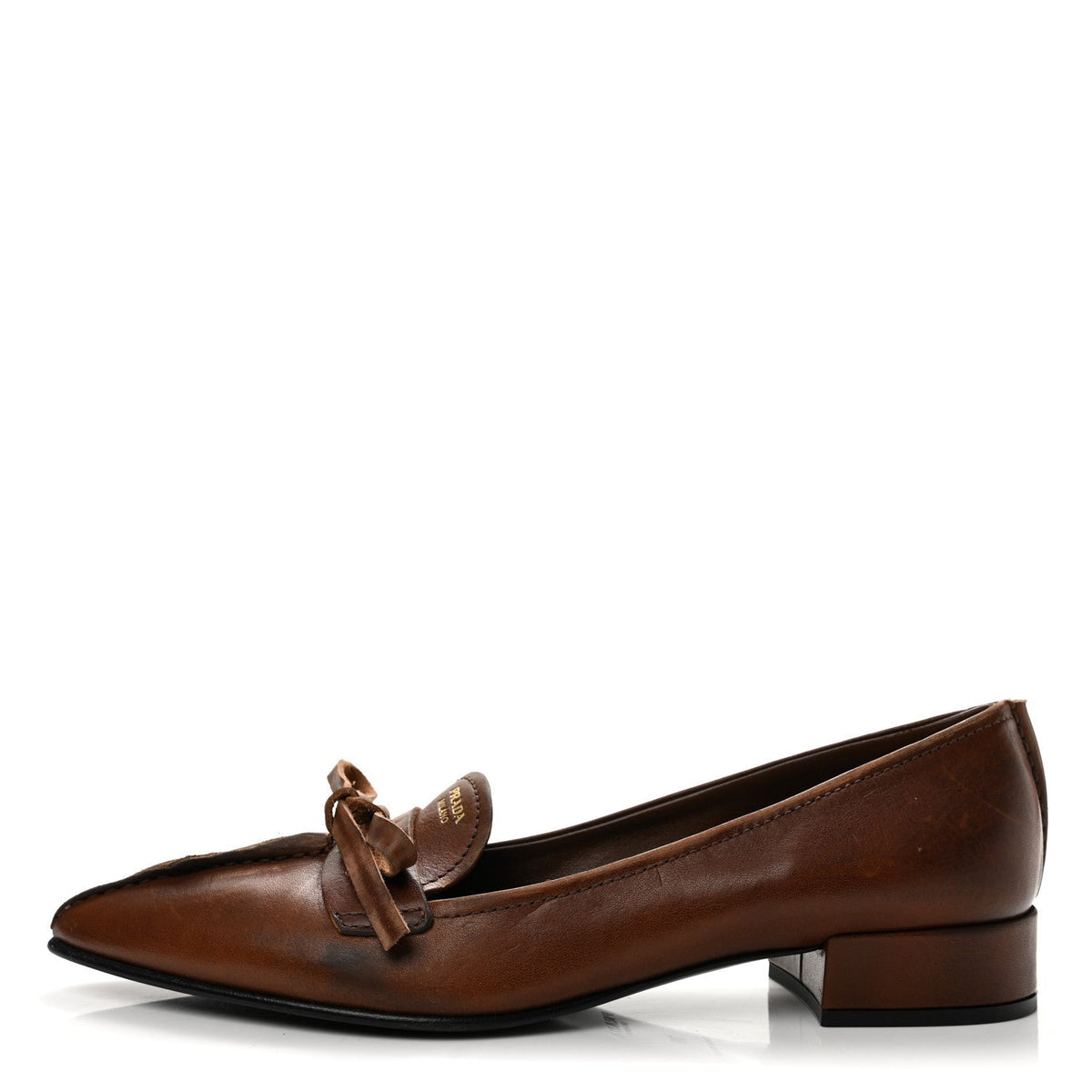 Prada Vitello Women's Old Bow Loafers 39 Cacao