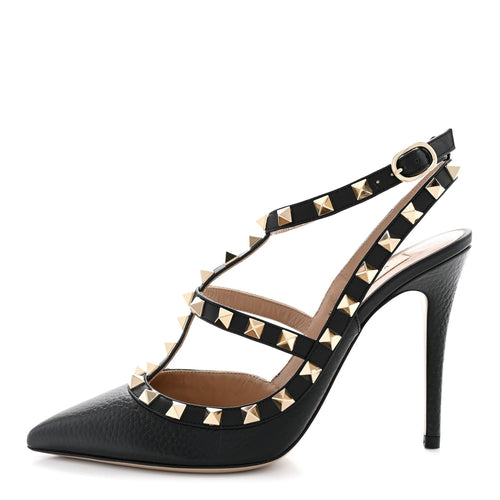 Garavanipebbled Calfskin Rockstud Ankle Strap 100Mm Pumps Black