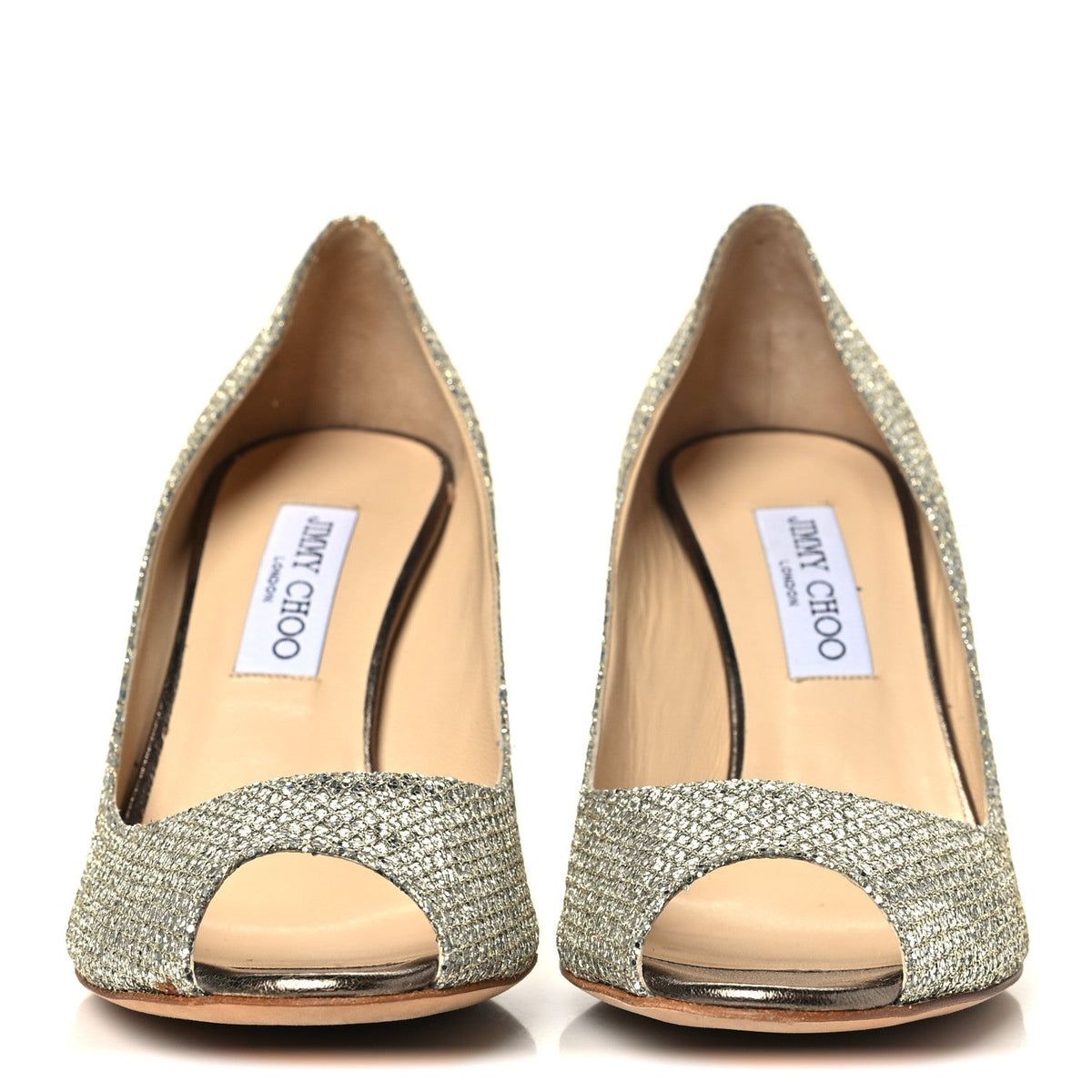 Jimmy Choo Glitter Fabric Women's Evelyn Peep Toe Pumps 40.5 Champagne
