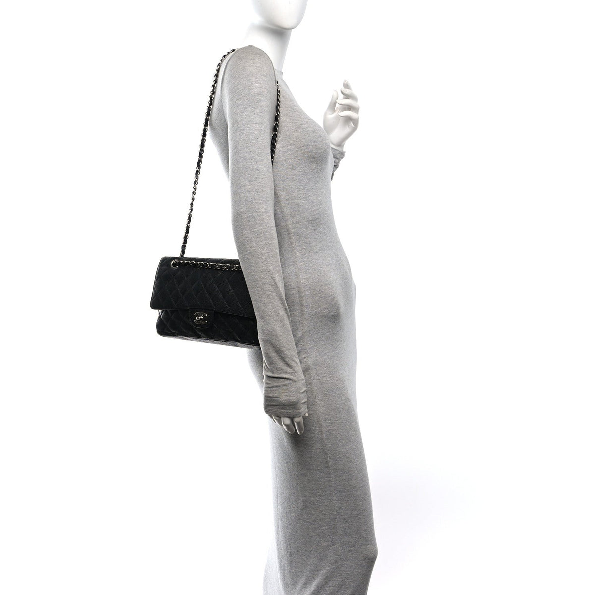 Medium Quilted Caviar Flap Shoulder Bag - Black
