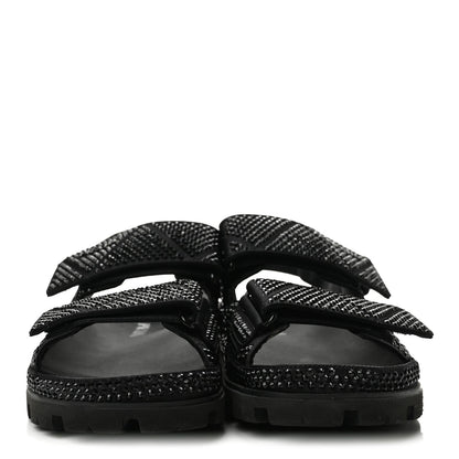 Prada Satin Crystal Women's Logo Velcro Sandals 37.5 Black